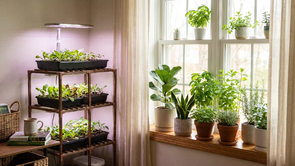 Indoor herbs near a sunny window and vegetables under a grow light showing balanced light setup for healthy plant growth. 