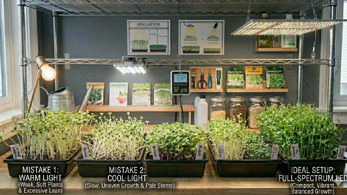 A wrong light spectrum causes weak or slow growth. Full-spectrum LED ensures balanced, healthy, green compact microgreens indoors.