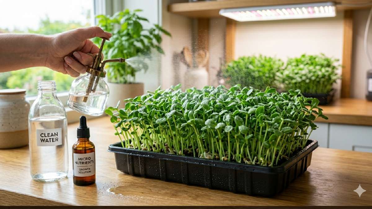 Watering hydroponic microgreens with optional nutrient solution
