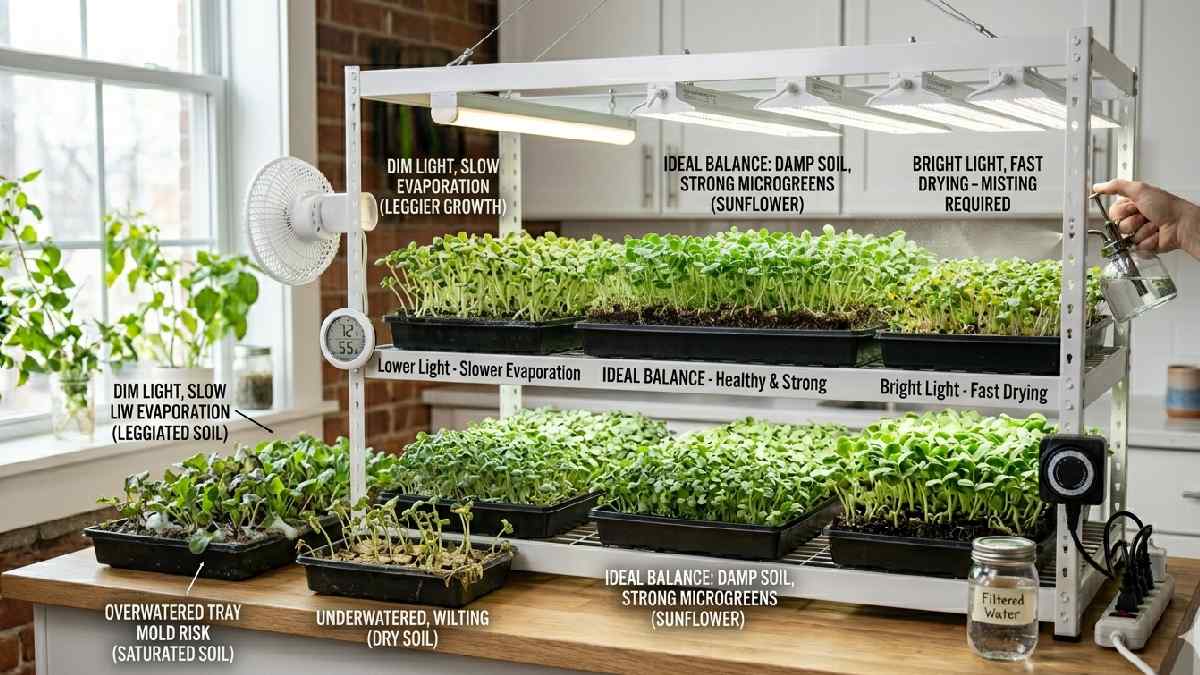 Balance watering with light intensity, keep the medium damp, not soaked or dry, for healthy, strong microgreens growth indoors.
