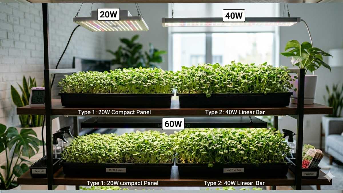 Grow light wattage guide for microgreens showing different power levels