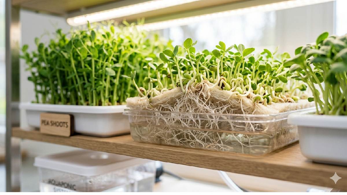 Young hydroponic microgreens growing without soil on a mat