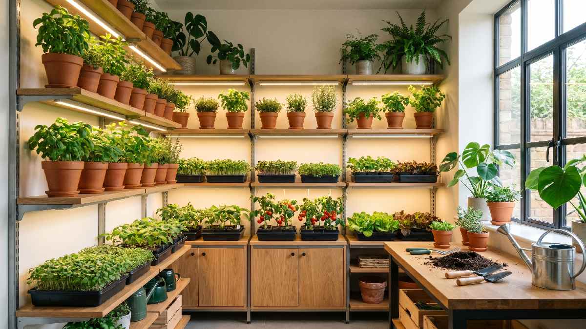 A structured indoor garden with shelves of herbs, microgreens, and potted plants under grow lights in a clean modern home. 