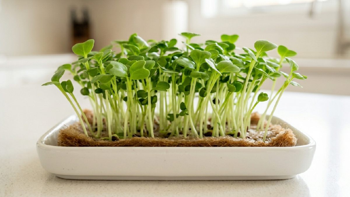 Microgreens grow on soil or hydro mat, need light after germination. Stems and leaves eaten, roots stay behind, flavor stronger, growth takes one to two weeks. 