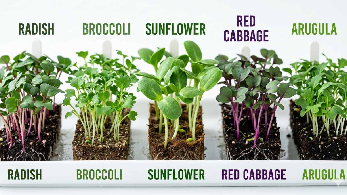 Close-up of different types of microgreens including radish, broccoli, and sunflower shoots