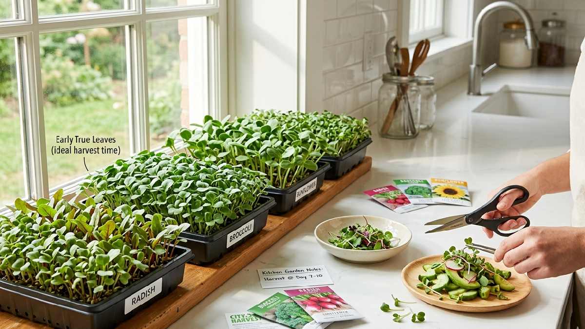 Microgreens are young vegetable plants harvested early stage fast growing nutrient rich. used in salads sandwiches and garnishing indoors.
