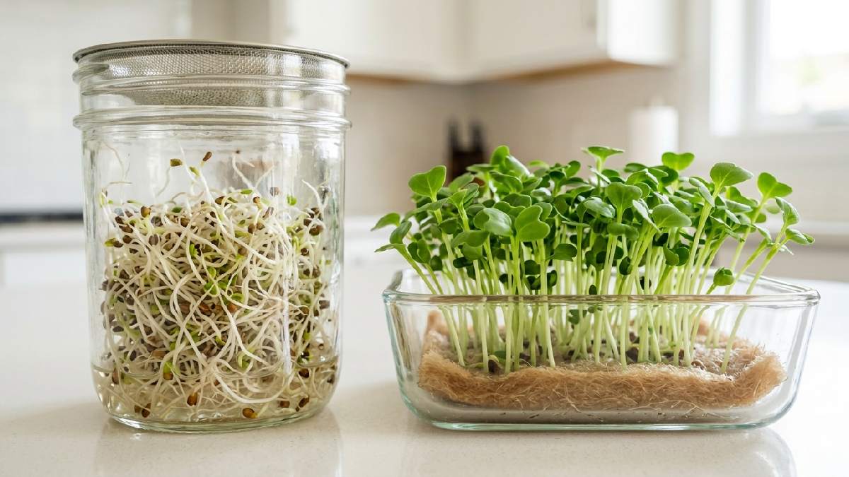 Sprouts grow in water only, eaten whole in days. Microgreens need light and medium, only stems and leaves eaten, flavor stronger and more defined. 