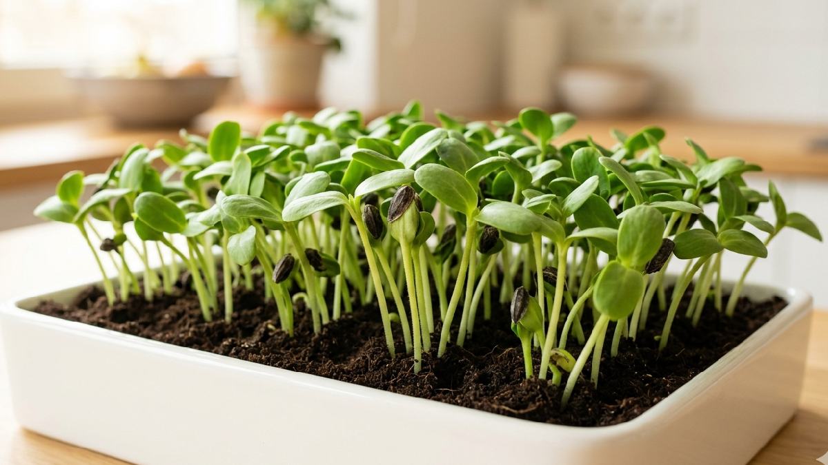 Sunflower microgreens are young shoots harvested early, thick stems, wide leaves, mild nutty flavor. Grow in 8 to 12 days, simple satisfying fresh taste every time. 