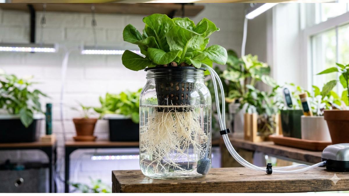 Plants growing hydroponically with roots in water