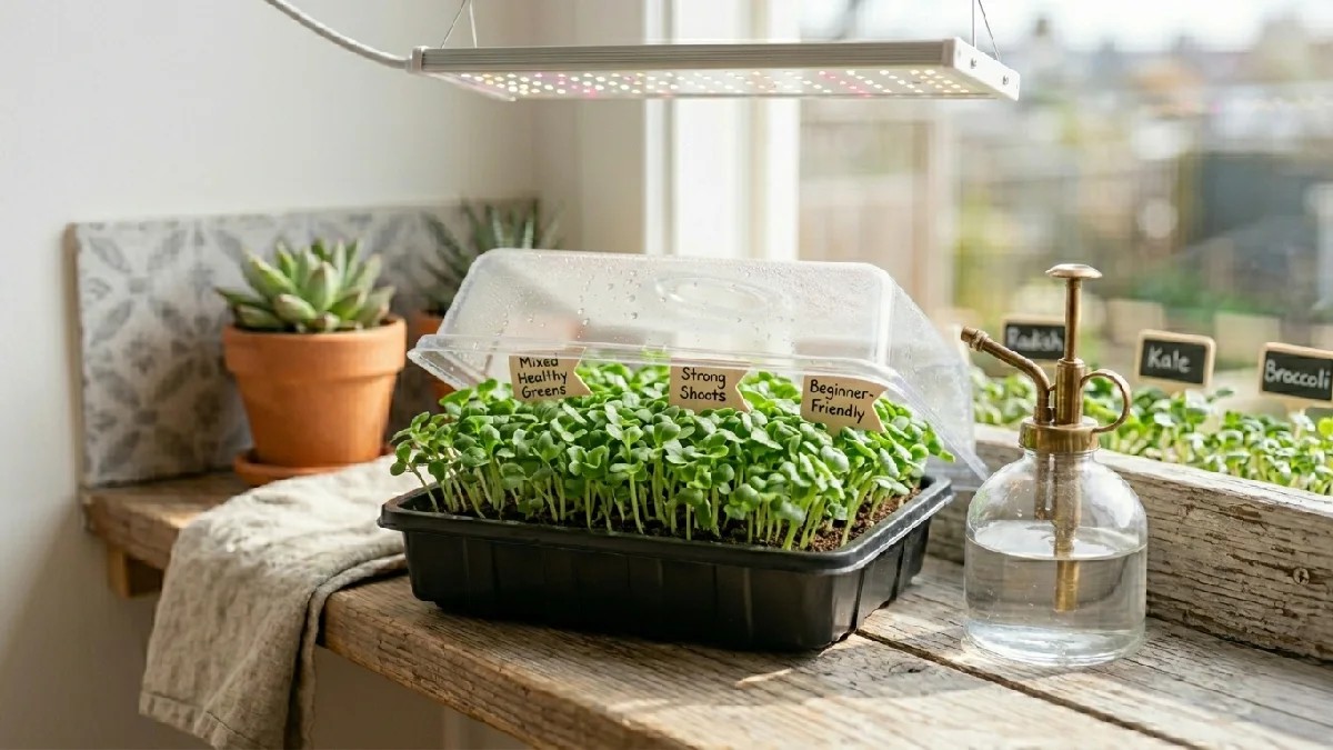  Easy growing microgreens in indoor tray, strong even shoots, healthy green leaves, minimal care, beginner-friendly setup, thriving under simple conditions.