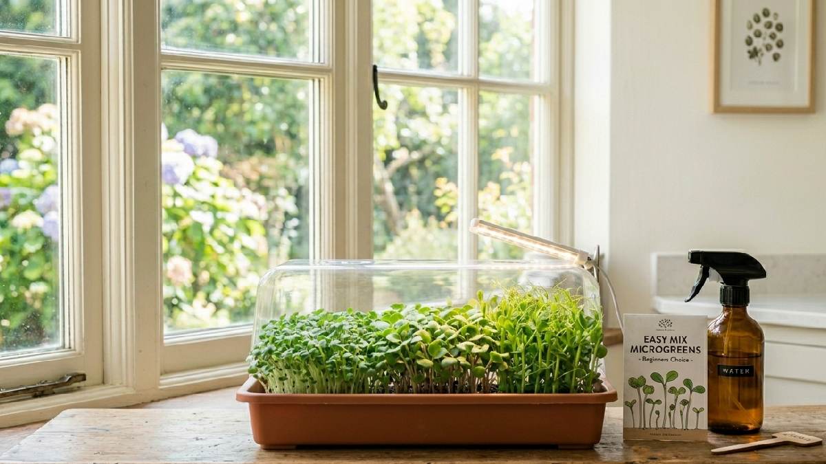 Start microgreens with tray seeds spray bottle soil light simple setup at home no expensive tools needed easy beginner friendly growth
