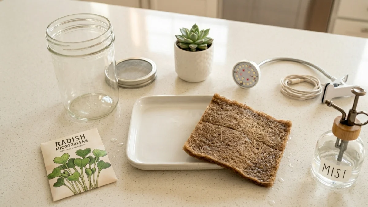 For sprouts just jar water and seeds. Microgreens need tray mat light and spray bottle. Fresh seeds matter most, simple kitchen setup, everything starts growing easily. 