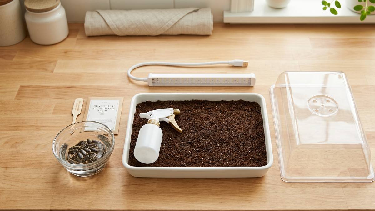 Shallow tray, soil or hydro mat, soaked sunflower seeds, spray bottle, light source and simple cover are all you need, basic setup fits kitchen corner easily. 