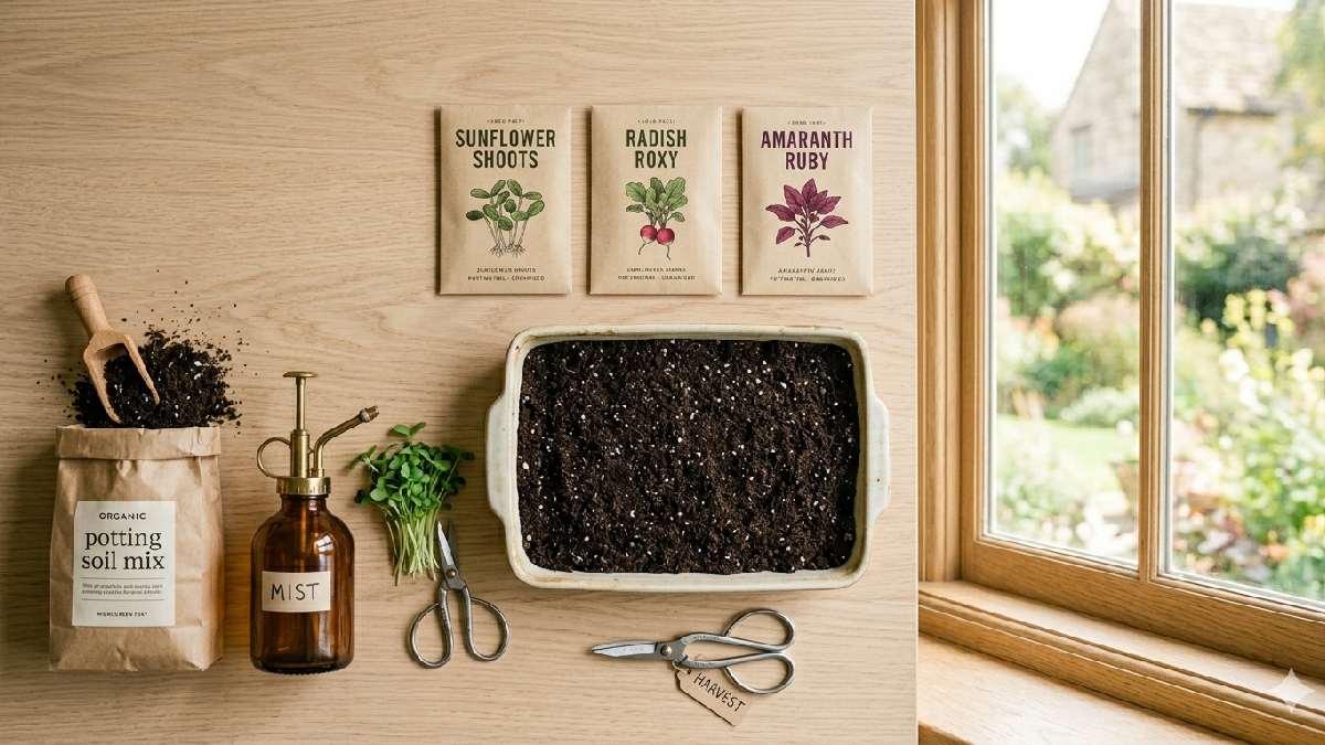 Basic tools and materials needed to grow microgreens at home