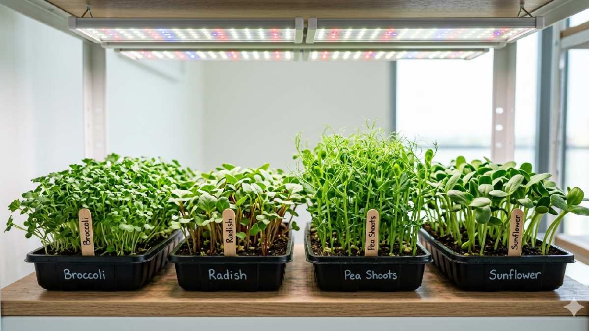 Microgreens growing indoors under a full-spectrum LED grow light