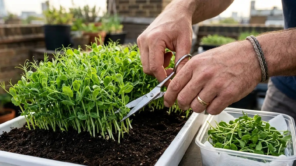 Cut microgreens when leaves are fully green and stems feel firm. Harvest in morning, store in clean container with paper towel, fresh taste stays best for few days.