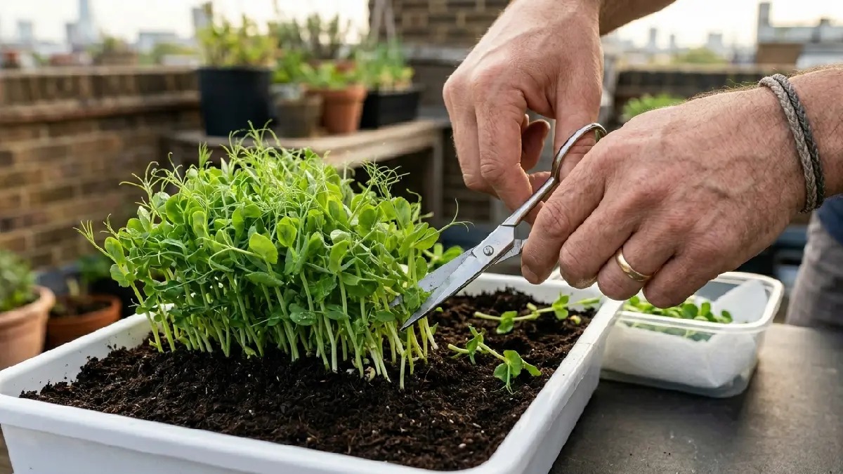 Use sharp scissors, cut just above soil line, never pull roots out. Cut in small sections, morning cutting keeps greens crisp longer, clean cut helps storage quality stay fresh.