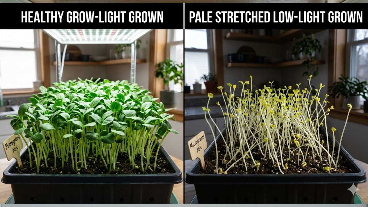 Comparison showing healthy microgreens under grow light vs weak growth in low light
