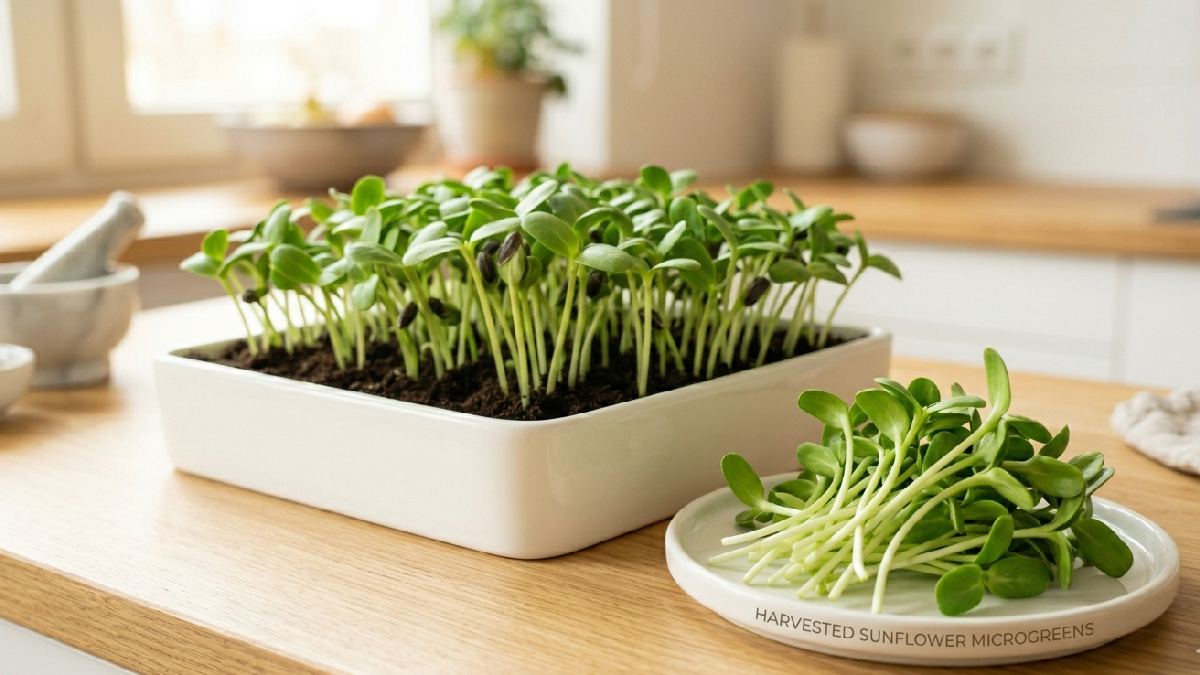 Sunflower microgreens grow strong, taste mild and nutty, easy to add to meals. No big space needed, homegrown stays fresher, simple setup, fresh food always within reach. 