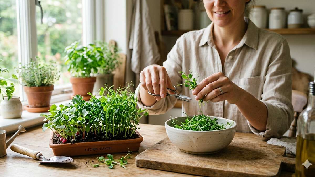 Hands harvesting fresh microgreens from a home-grown tray
