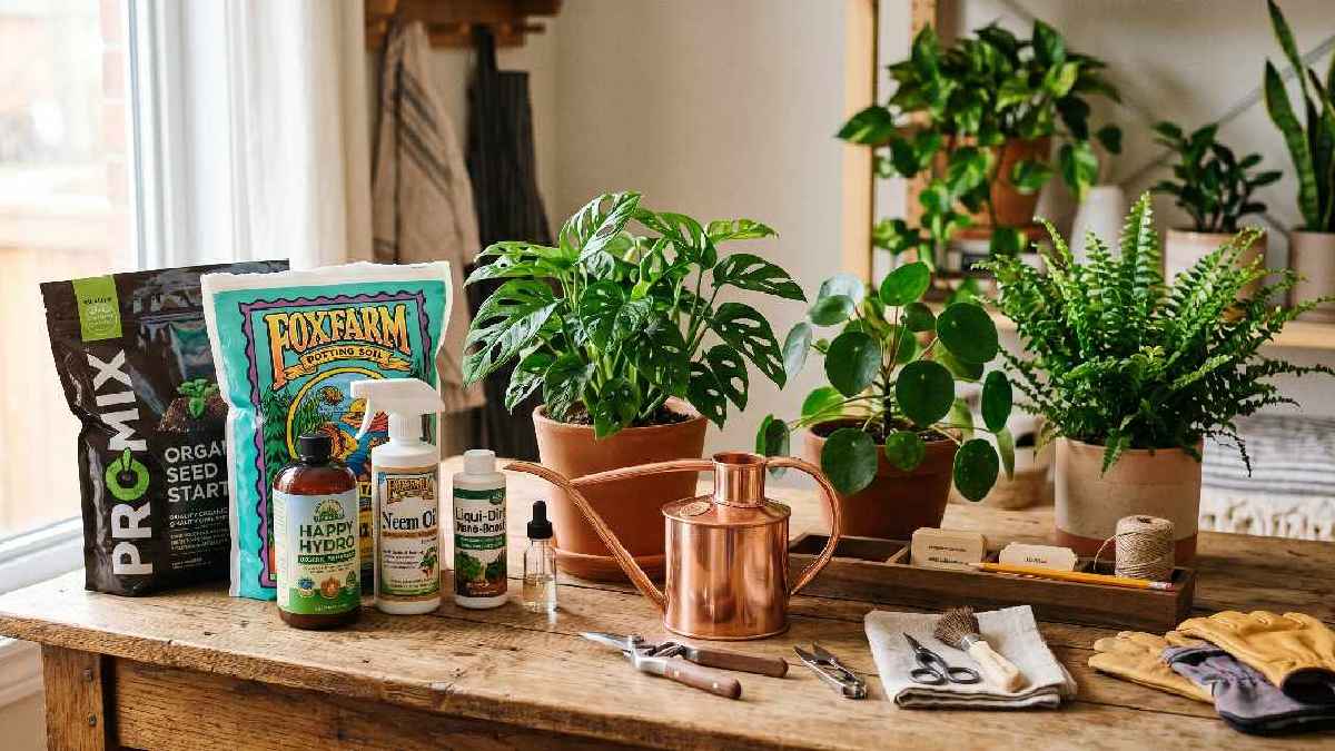 Essential indoor gardening supplies including soil, fertilizer, tools, and potted plants arranged neatly on a wooden table. 