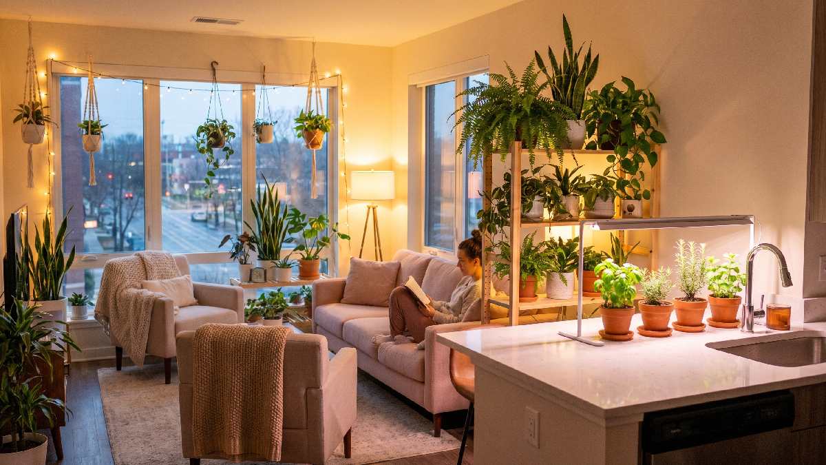 A modern apartment with compact indoor plants on shelves and windowsills creating a fresh and relaxing urban living space. 