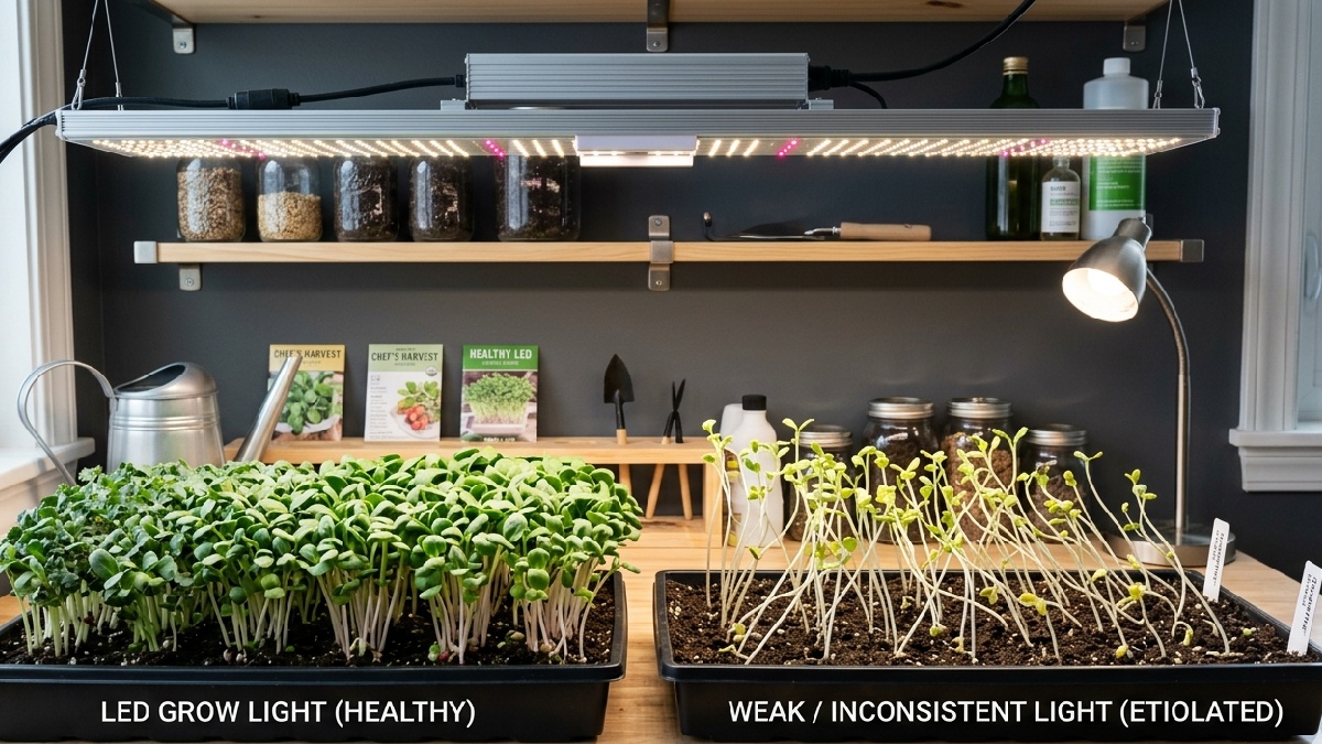 LED grow lights provide steady brightness for compact healthy microgreens preventing pale stretched stems and improving indoor growth consistency.
