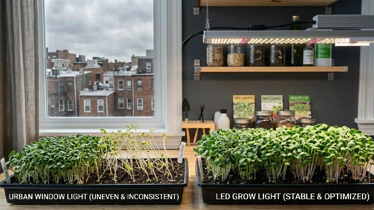 Natural sunlight indoors is inconsistent, uneven, and weak, while LED provides stable light for predictable, healthy, balanced microgreens growth.
