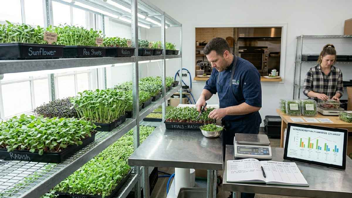 Sunflower and pea shoots give higher yield while radish and broccoli balance speed consistency and usable harvest returns.