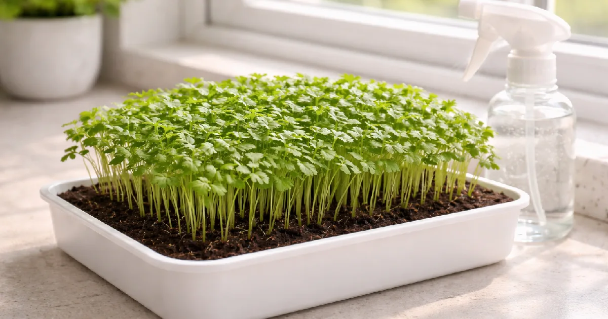Grow cilantro microgreens at home in simple steps. Fresh seeds, light soil, gentle misting, harvest in 10 to 14 days, fresh flavor, kitchen feels alive.