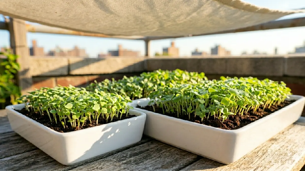 Microgreens need 3 to 5 hours of soft morning sunlight daily. Avoid harsh afternoon sun, partial shade keeps leaves fresh, balanced light grows healthy strong shoots. 