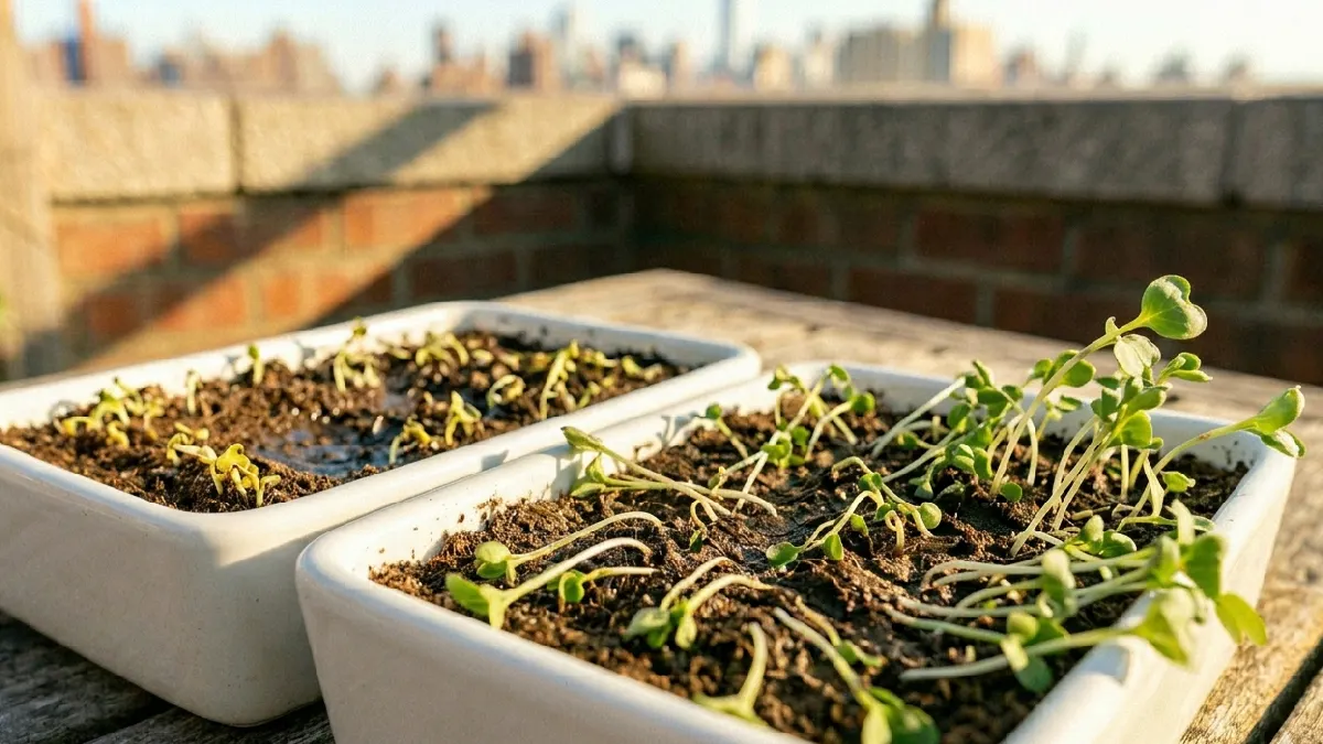 Heavy rain makes soil too wet, hot sun dries leaves fast, strong wind damages young shoots. Shift trays to safer corner when weather looks extreme, small protection saves growth. 