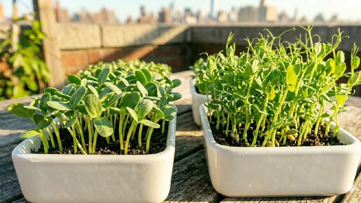 Sunflower and pea shoots fill trays thick and lush outdoors. Output is heavier and more filling, steady watering and balanced sunlight give more harvest from every single tray. 