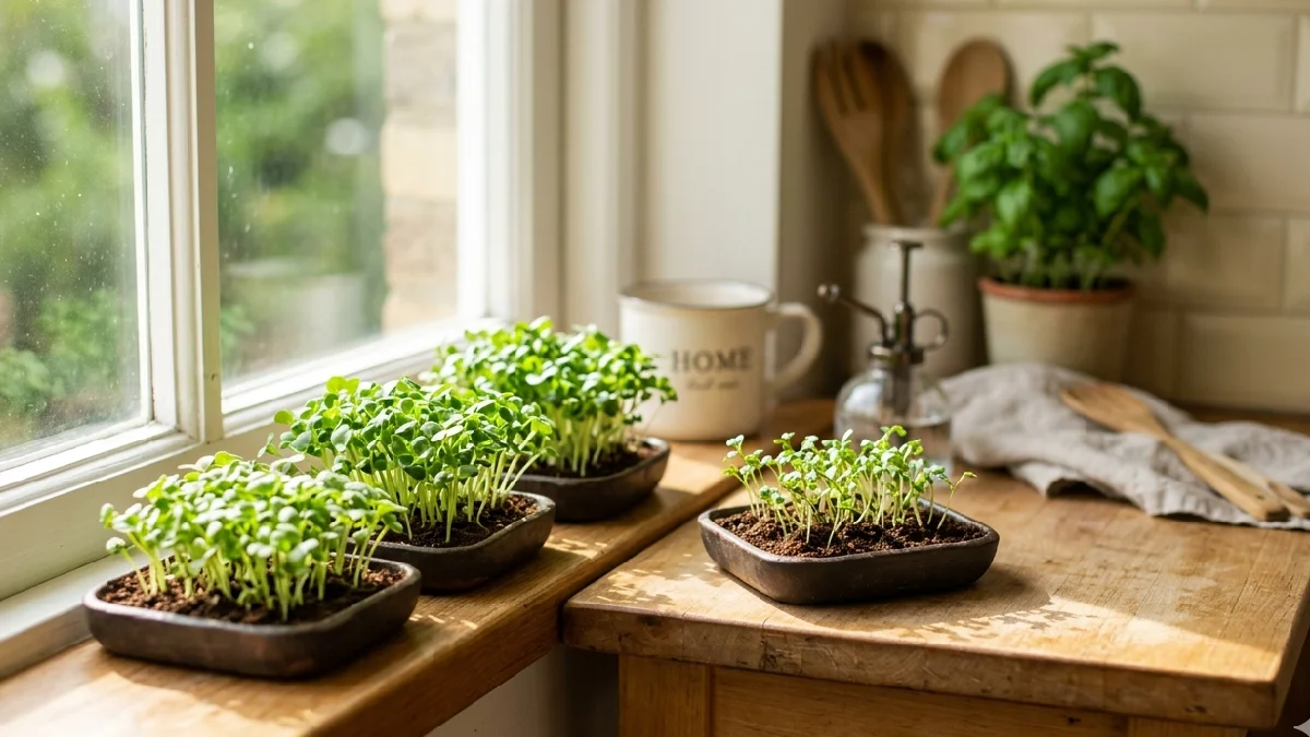 Microgreens fit anywhere, windowsills, kitchen counters, tiny balconies. Trays stay small, shoots push up fast, tiny effort, big reward, home feels alive daily. 