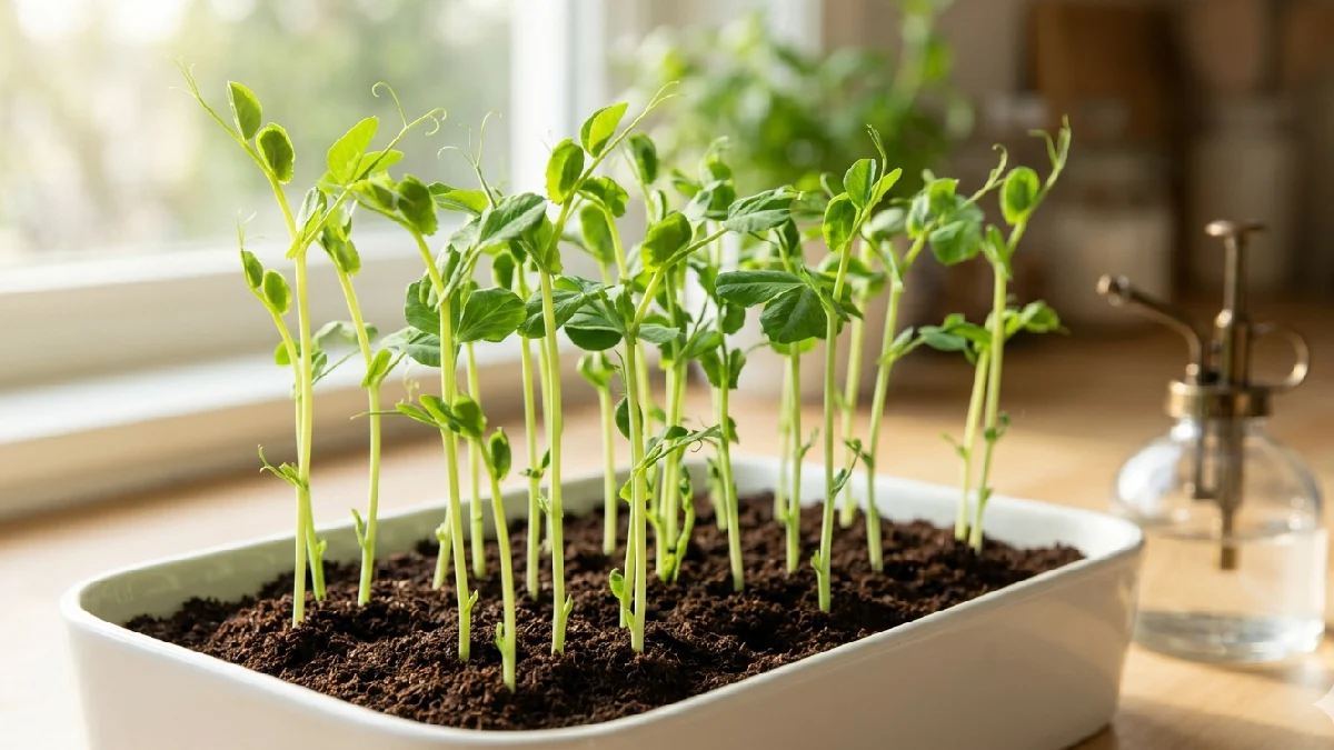 Pea shoots grow tall, stems tender, leaves light green, flavor sweet and fresh. Mist lightly, harvest in 10 to 12 days, tiny greens, big impact. 