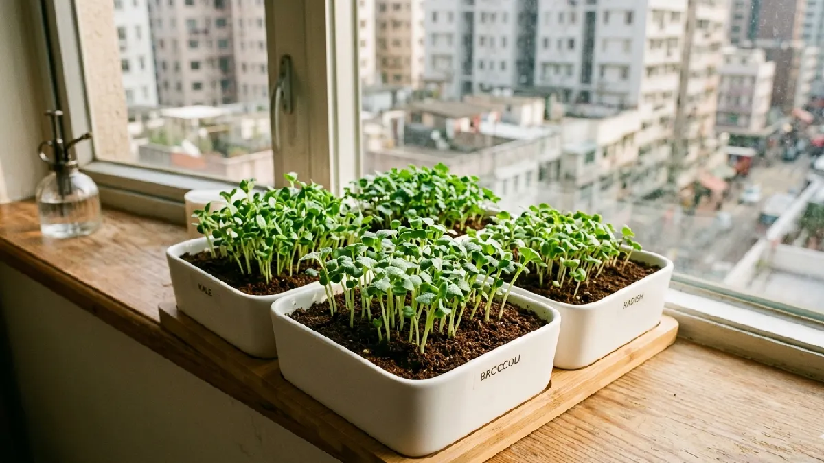 City homes are small but microgreens kits fit anywhere. No garden needed, trays sit snug, mist lightly, tiny shoots peek fast, home feels alive. 