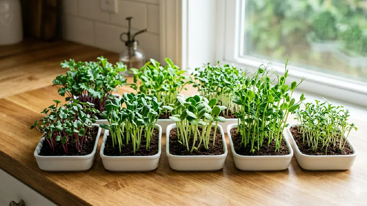 Radish, broccoli, sunflower, pea shoots, kale, mustard and arugula grow best with a starter kit. Mist lightly, tiny effort, big reward, home feels alive. 