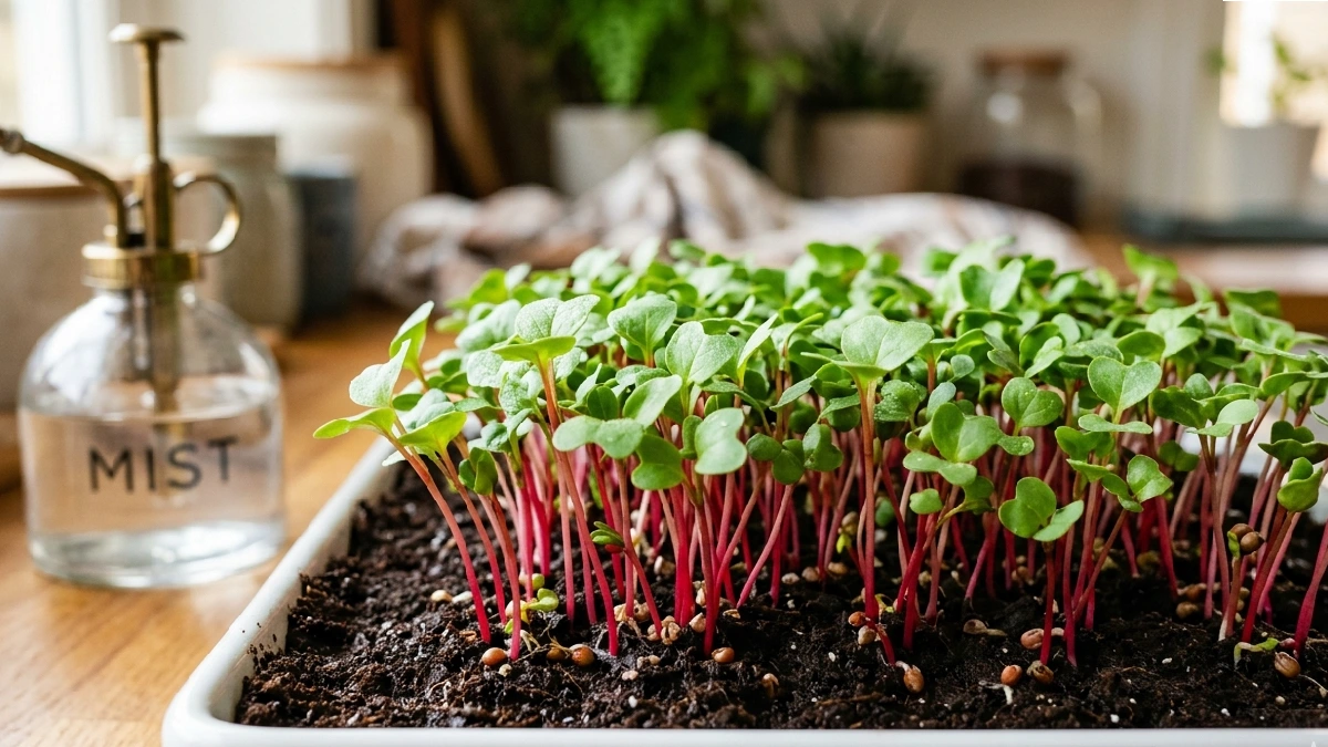 Radish shoots pop fast, leaves bright, stems crisp. Spread seeds evenly, mist lightly, harvest comes early, meals lift color, taste fresh, home feels alive. 