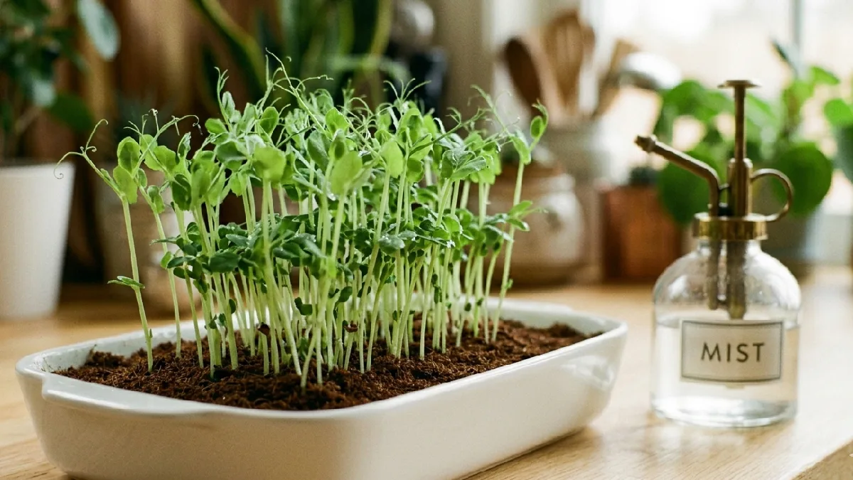 Pea shoots grow tall, stems tender, leaves light green, flavor sweet and fresh. Mist lightly, harvest in 10 days, leaves stay crisp, home feels alive. 