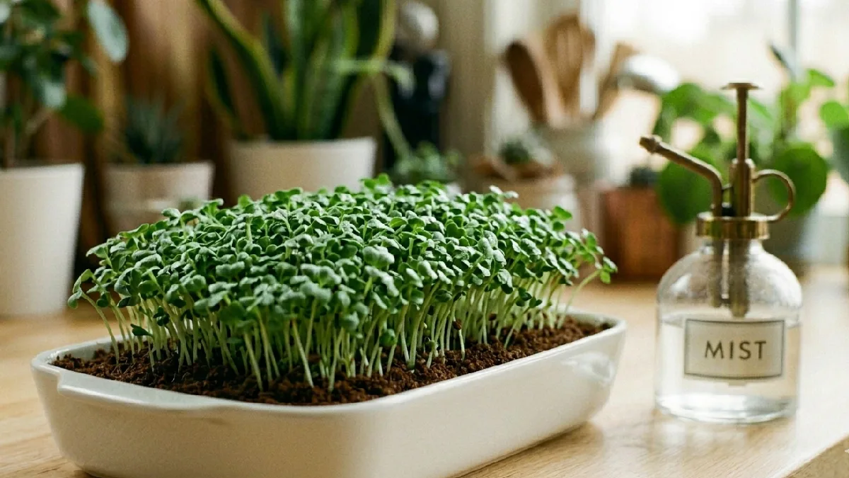 Mustard shoots push fast, leaves tiny, flavor hits spicy and sharp. Mist lightly, harvest in five to seven days, tiny greens, big impact daily. 