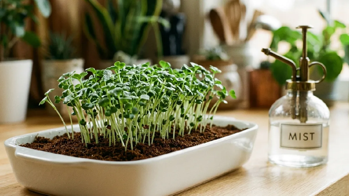 Broccoli shoots grow steady, stems thin but strong, leaves pop green, flavor mild peppery. Mist lightly, harvest in 7 to 10 days, home feels alive. 
