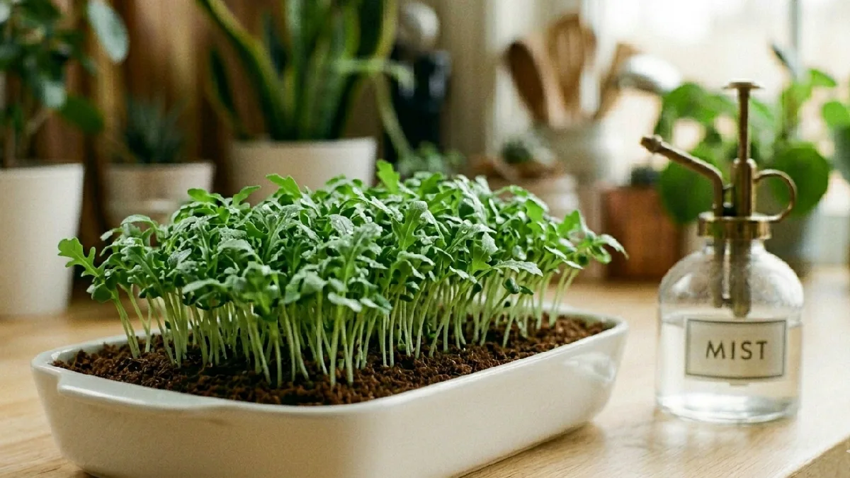 Arugula shoots push fast, stems thin but firm, leaves bright green, flavor peppery and strong. Mist lightly, harvest in a week, home feels alive. 