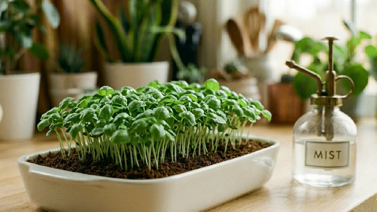 Arugula shoots push fast, stems thin but firm, leaves bright green, flavor peppery and strong. Mist lightly, harvest in a week, home feels alive. 