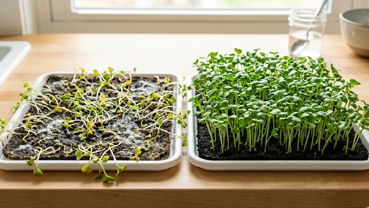 Avoid overwatering, underwatering, crowded seeds, dirty trays and poor airflow. Mist lightly, clean trays daily, tiny adjustments fix problems, leaves firm, growth steady, reward big. 