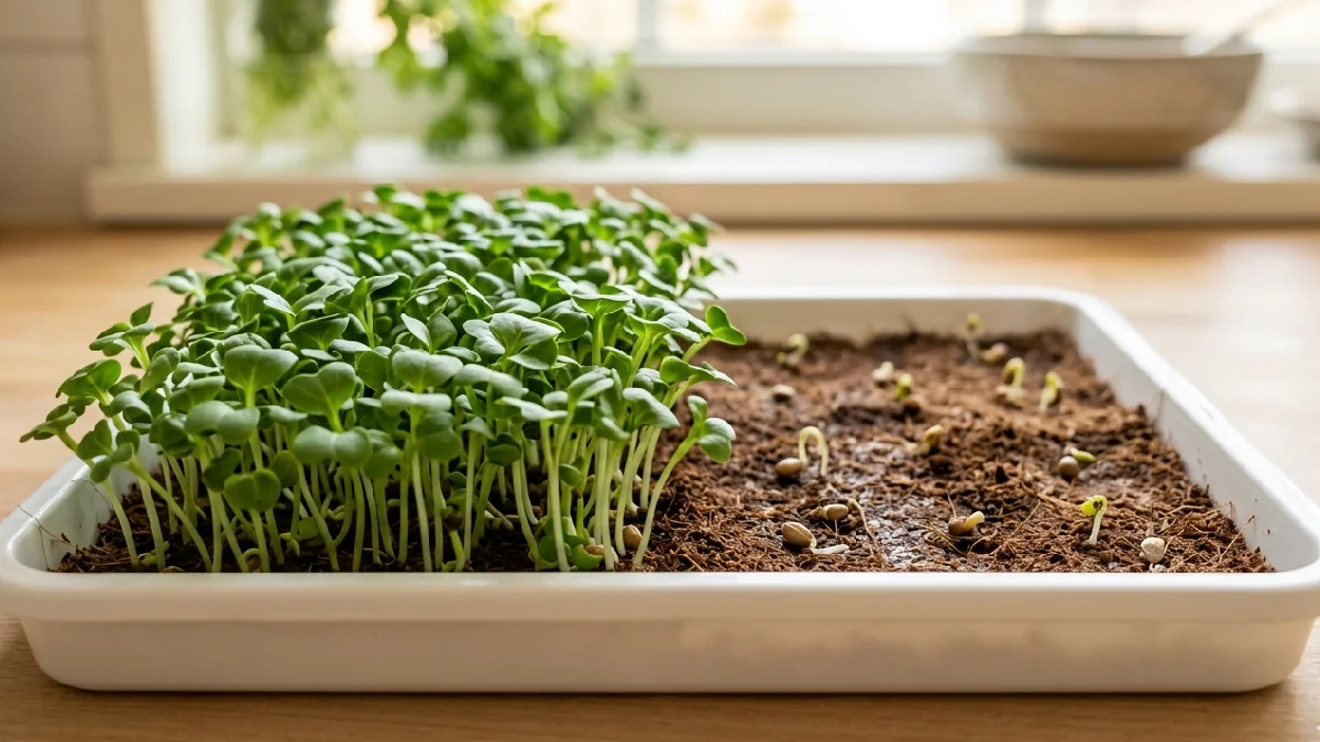 Uneven germination happens when seeds spread unevenly or moisture stays patchy. Spread seeds evenly, press gently, rotate tray, keep mat damp, growth fills nicely. 