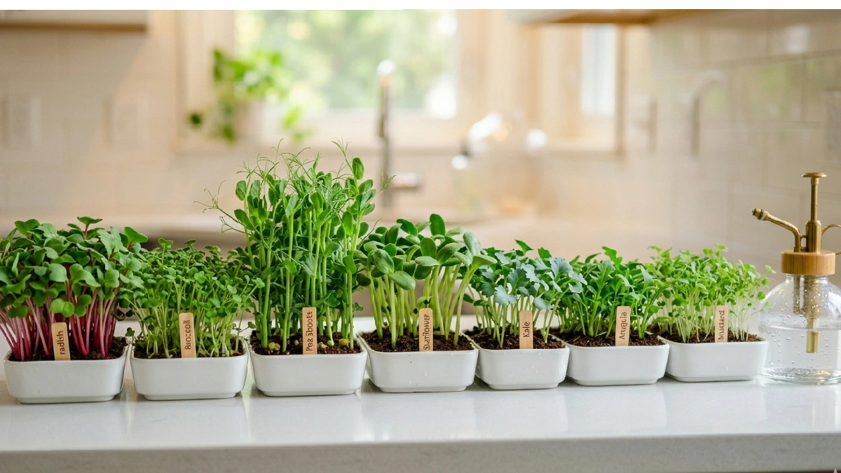 Radish, broccoli, pea shoots, sunflower, kale, arugula and mustard grow easily at home. Mist lightly, water gently, tiny effort, big reward, home feels alive daily. 