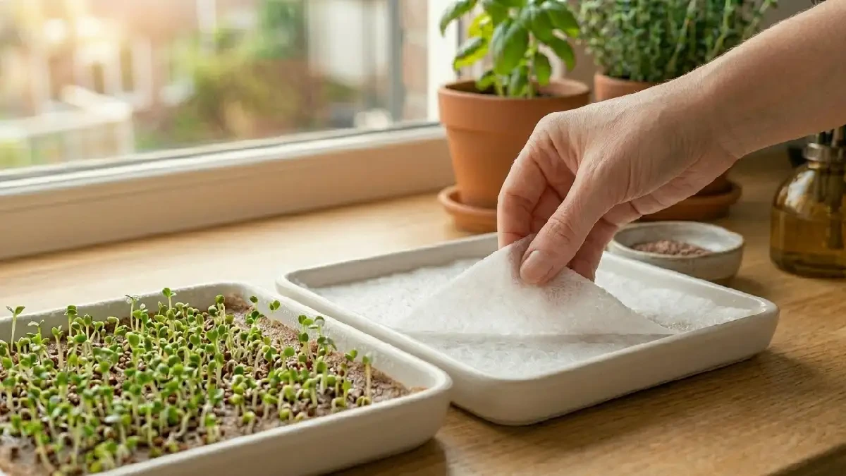 Place the mat flat in a clean tray, mist lightly; the mat cozy should not be soggy. Spread seeds evenly, give space, roots grab fast, shoots peek green soon. 