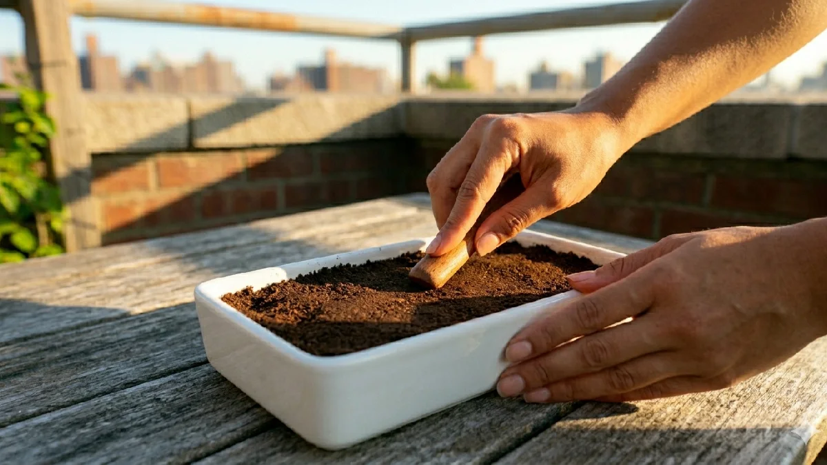 Take shallow tray, fill with cocopeat or light soil, press lightly, keep texture soft and even. Add moisture before sowing, tray should feel damp not dripping wet. 