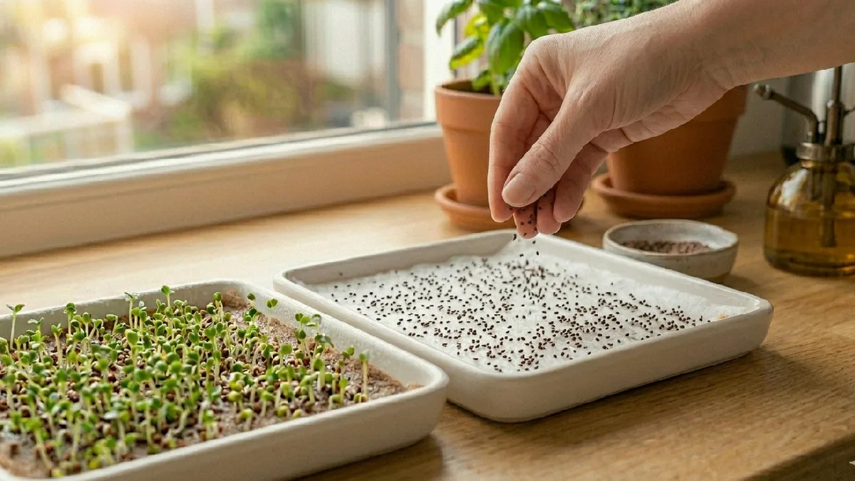 Place mat flat in clean tray, mist lightly, mat cozy not soggy. Spread seeds evenly, give space, roots grab fast, shoots peek green soon. 