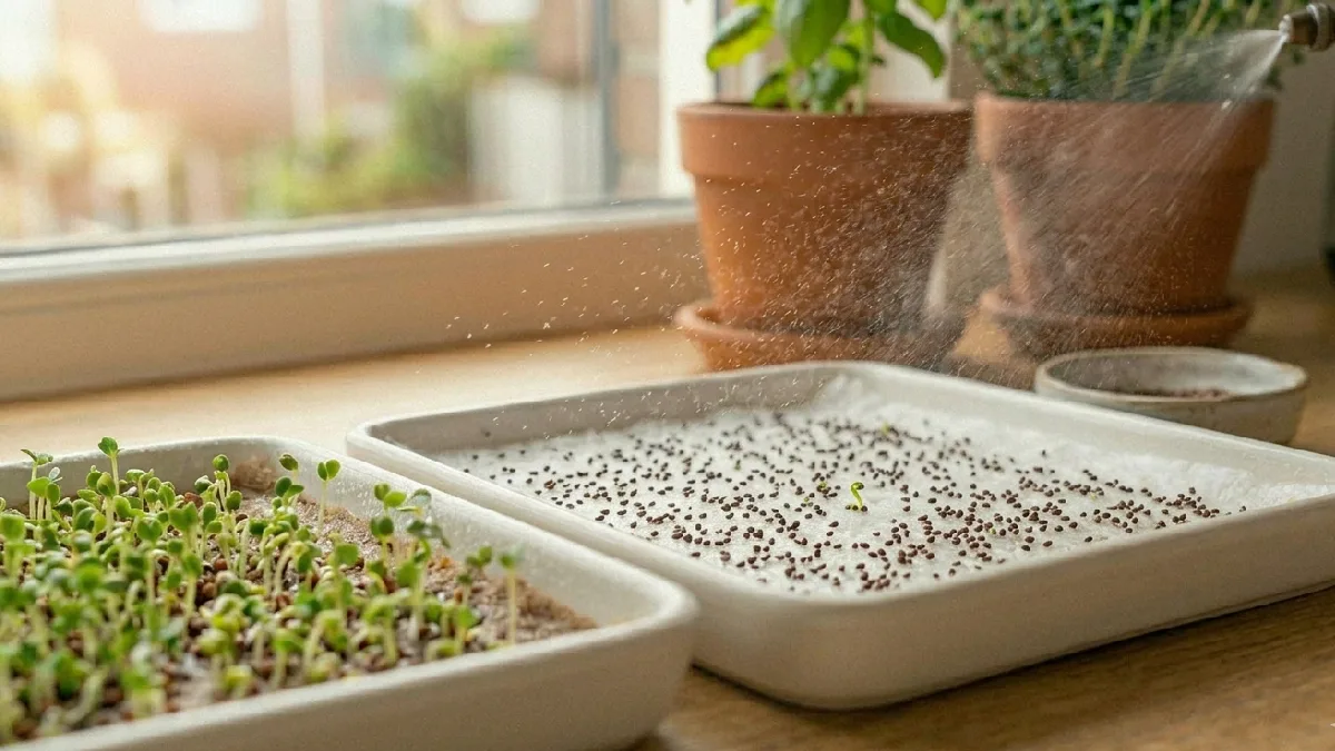 Sprinkle seeds evenly over mat, do not crowd, give space. Mist gently after sowing, roots grab cozy, tiny shoots wait, growth feels fun daily. 